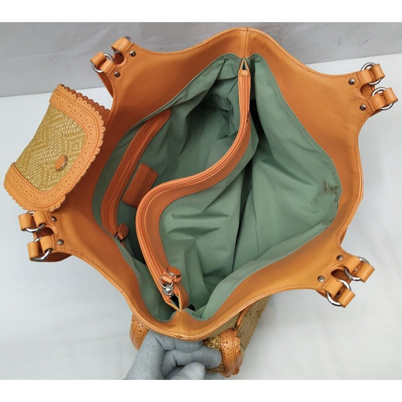 Cole Haan Tan Straw Orange Leather Trim Pocket Double Handle Satchel Bag - Picture 11 of 16